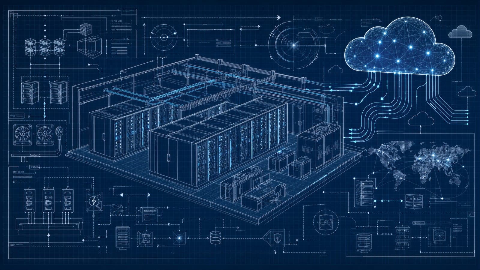 Conceptual illustration of interconnected enterprise systems and cloud infrastructure
